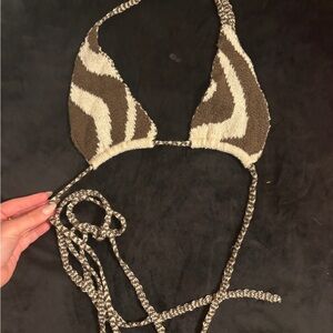 Free People Brown and Cream Textured Triangle Bikini Top